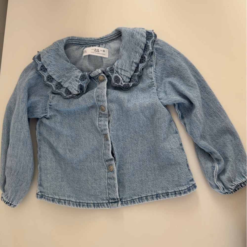 Zara Light Blue Denim Jacket with Ruffle Collar